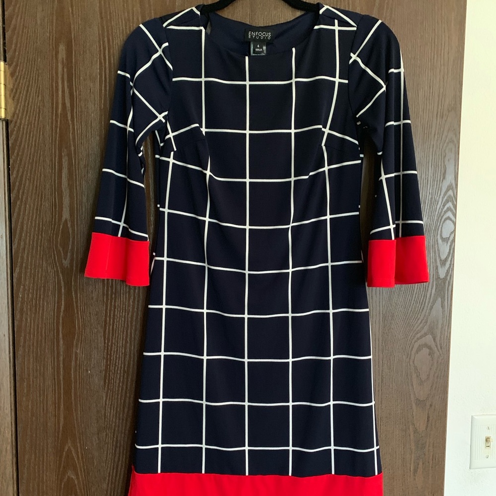 Navy blue, red, and white dress